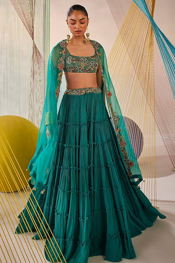 Teal Blue Chinon Chiffon Hand Embroidered Jacket Wedding Lehenga Set by Anu Pellakuru at Pernia's Pop Up Shop