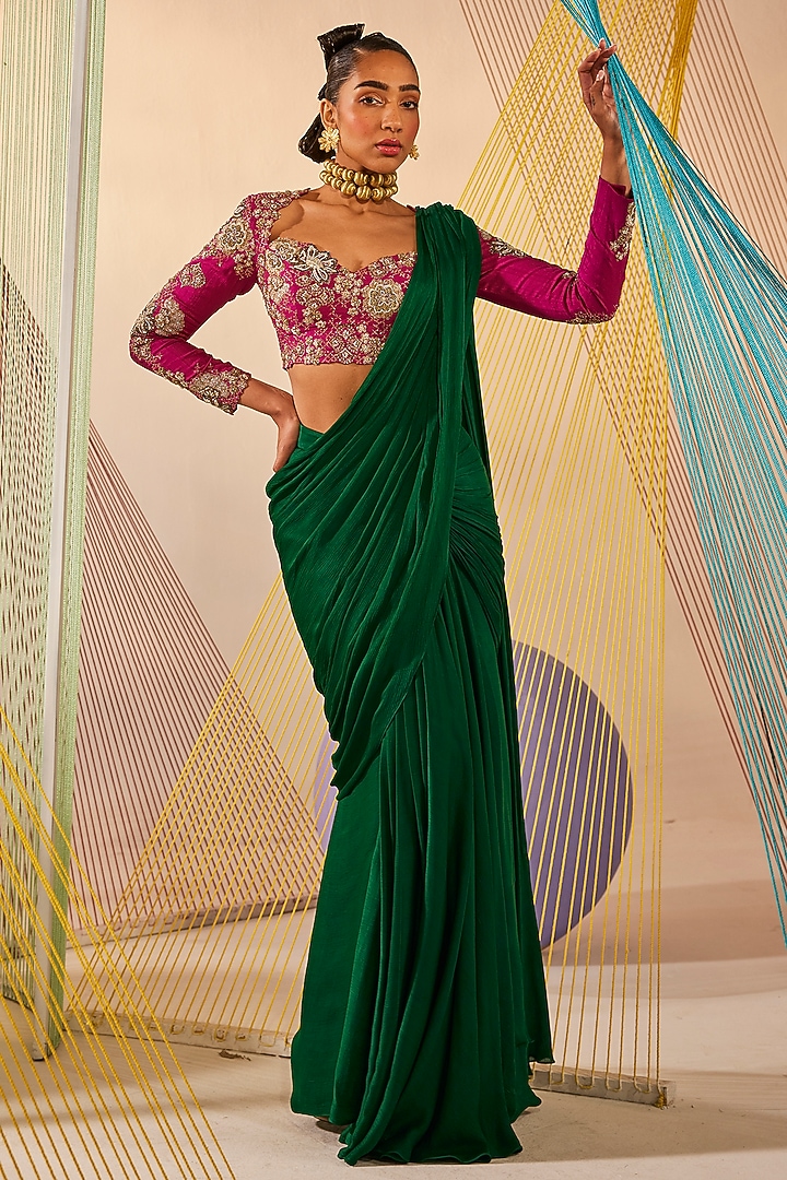 Emerald Green Chinon Chiffon Draped Wedding Saree Set by Anu Pellakuru at Pernia's Pop Up Shop