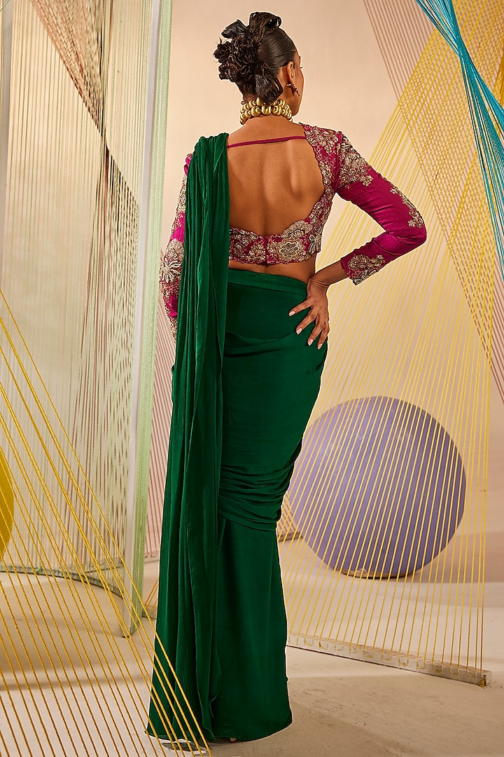 Emerald Green Chinon Chiffon Draped Wedding Saree Set by Anu Pellakuru at Pernia's Pop Up Shop