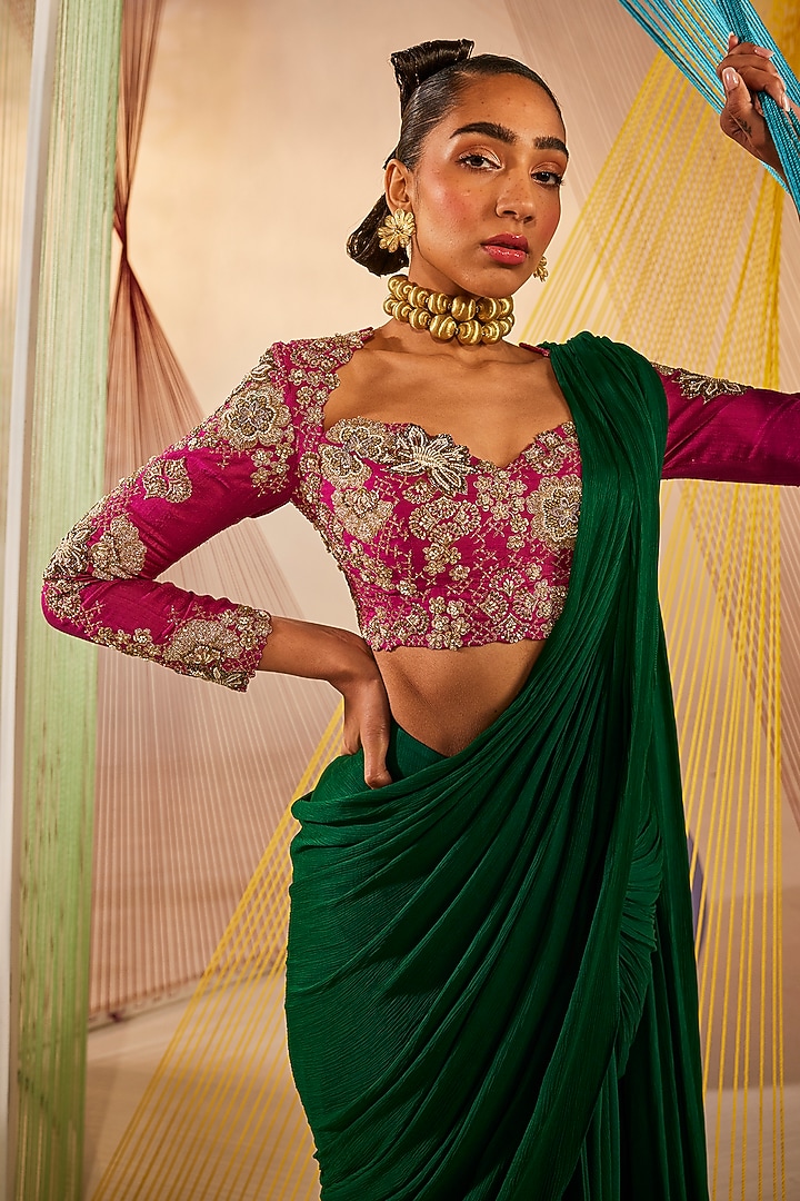 Emerald Green Chinon Chiffon Draped Wedding Saree Set by Anu Pellakuru at Pernia's Pop Up Shop