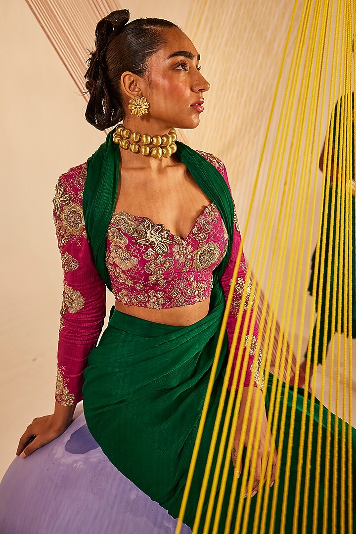 Emerald Green Chinon Chiffon Draped Wedding Saree Set by Anu Pellakuru at Pernia's Pop Up Shop