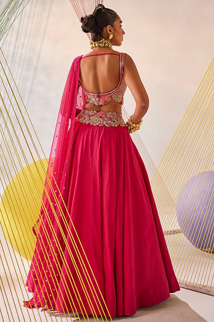 Rani Pink Tissue Silk Zardosi & Resham Embroidered Wedding Lehenga Set by Anu Pellakuru at Pernia's Pop Up Shop