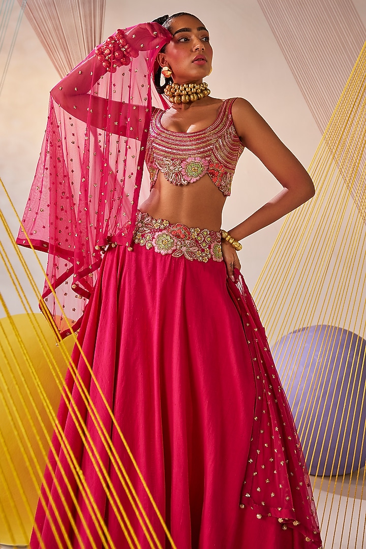 Rani Pink Tissue Silk Zardosi & Resham Embroidered Wedding Lehenga Set by Anu Pellakuru at Pernia's Pop Up Shop