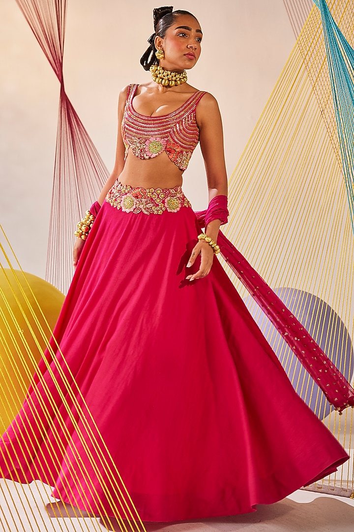 Rani Pink Tissue Silk Zardosi & Resham Embroidered Wedding Lehenga Set by Anu Pellakuru at Pernia's Pop Up Shop