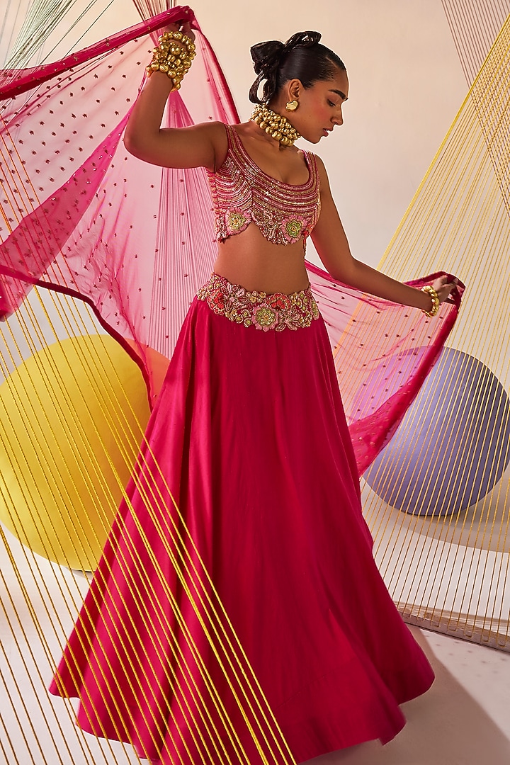 Rani Pink Tissue Silk Zardosi & Resham Embroidered Wedding Lehenga Set by Anu Pellakuru at Pernia's Pop Up Shop