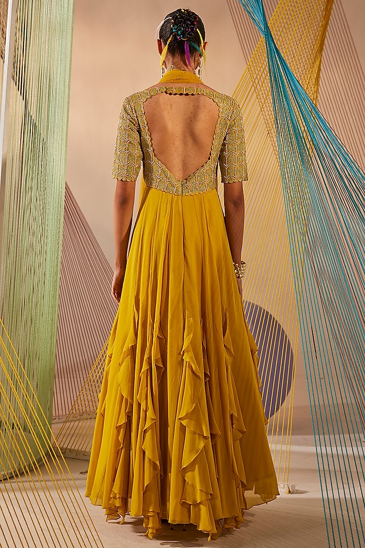 Mustard Yellow Raw Silk & Georgette Resham Embroidered Wedding Anarkali Set by Anu Pellakuru at Pernia's Pop Up Shop