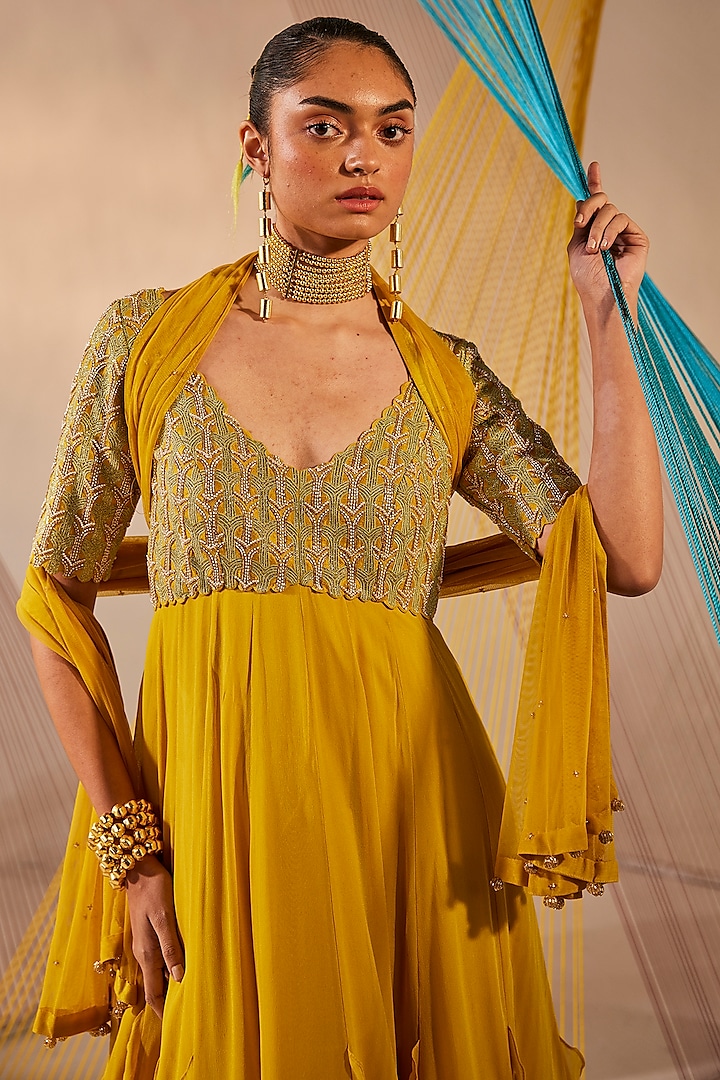 Mustard Yellow Raw Silk & Georgette Resham Embroidered Wedding Anarkali Set by Anu Pellakuru at Pernia's Pop Up Shop