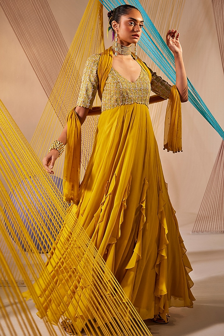 Mustard Yellow Raw Silk & Georgette Resham Embroidered Wedding Anarkali Set by Anu Pellakuru at Pernia's Pop Up Shop