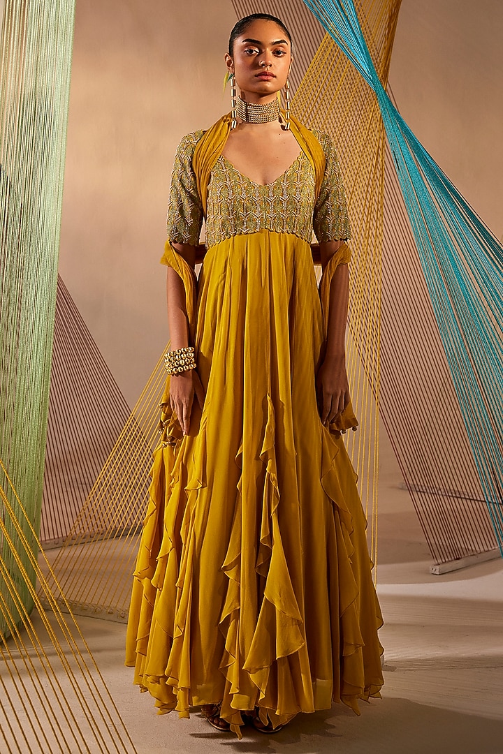 Mustard Yellow Raw Silk & Georgette Resham Embroidered Wedding Anarkali Set by Anu Pellakuru at Pernia's Pop Up Shop