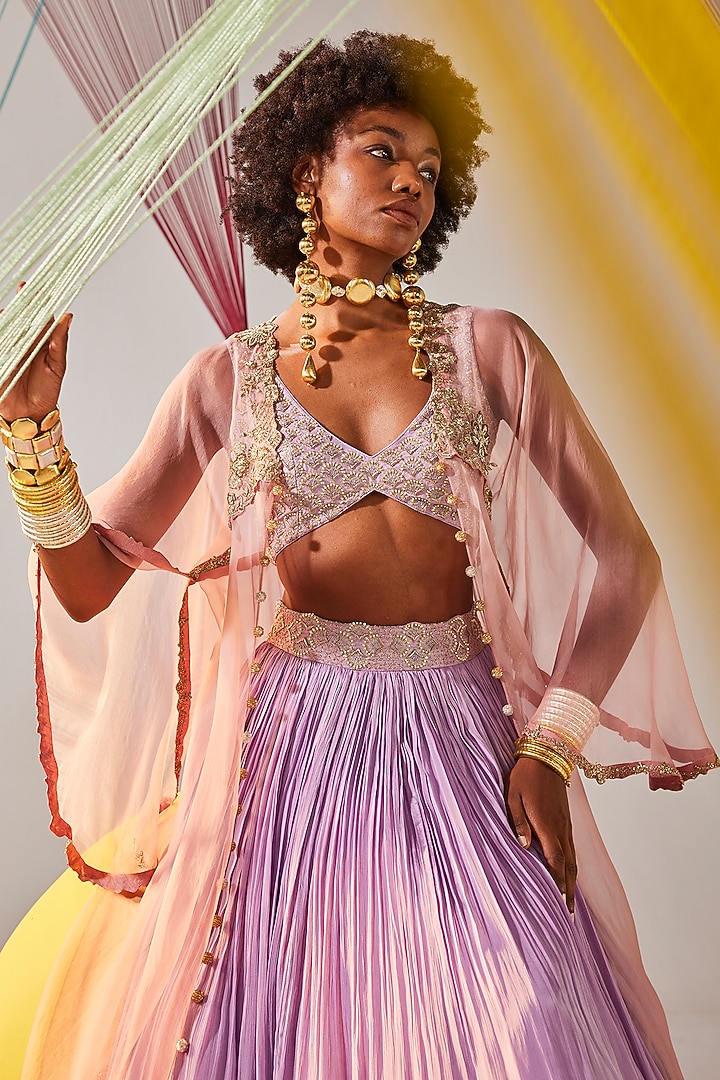 Lavender Chinon Chiffon Hand Embroidered Jacket Wedding Lehenga Set by Anu Pellakuru at Pernia's Pop Up Shop