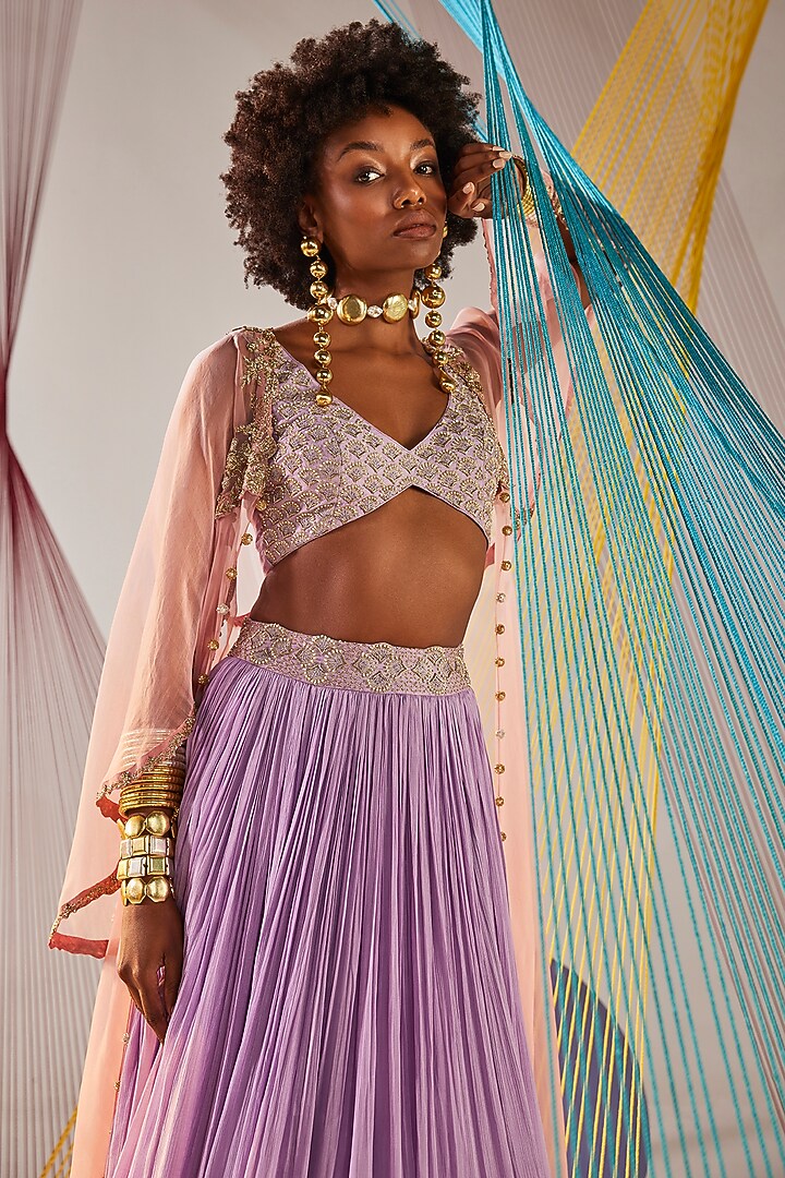 Lavender Chinon Chiffon Hand Embroidered Jacket Wedding Lehenga Set by Anu Pellakuru at Pernia's Pop Up Shop
