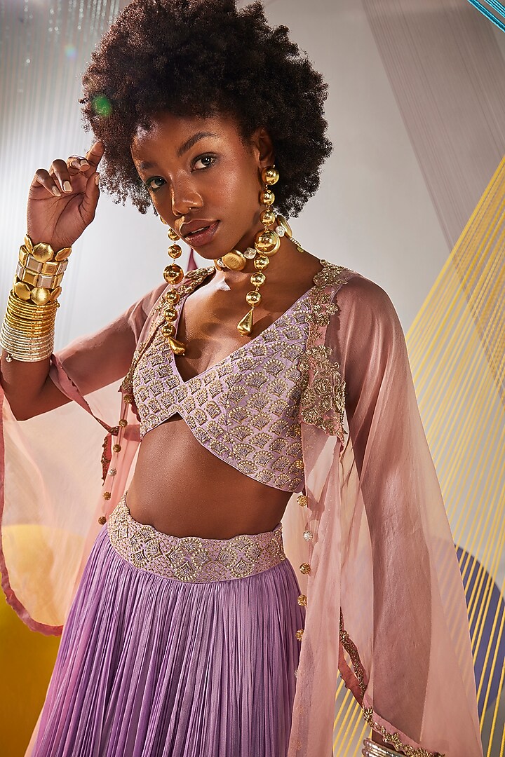 Lavender Chinon Chiffon Hand Embroidered Jacket Wedding Lehenga Set by Anu Pellakuru at Pernia's Pop Up Shop