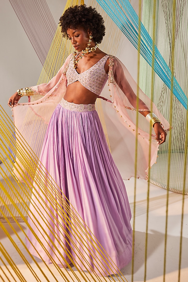 Lavender Chinon Chiffon Hand Embroidered Jacket Wedding Lehenga Set by Anu Pellakuru at Pernia's Pop Up Shop