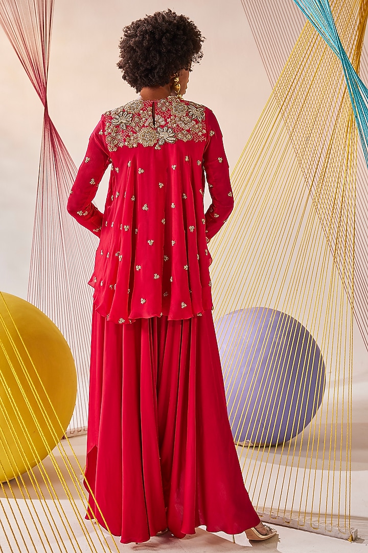 Raspberry Red Chinon Chiffon Zardosi Embroidered Tunic Set by Anu Pellakuru at Pernia's Pop Up Shop
