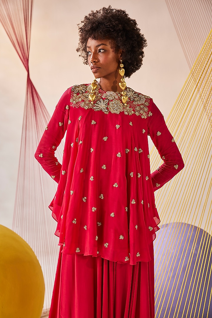 Raspberry Red Chinon Chiffon Zardosi Embroidered Tunic Set by Anu Pellakuru at Pernia's Pop Up Shop