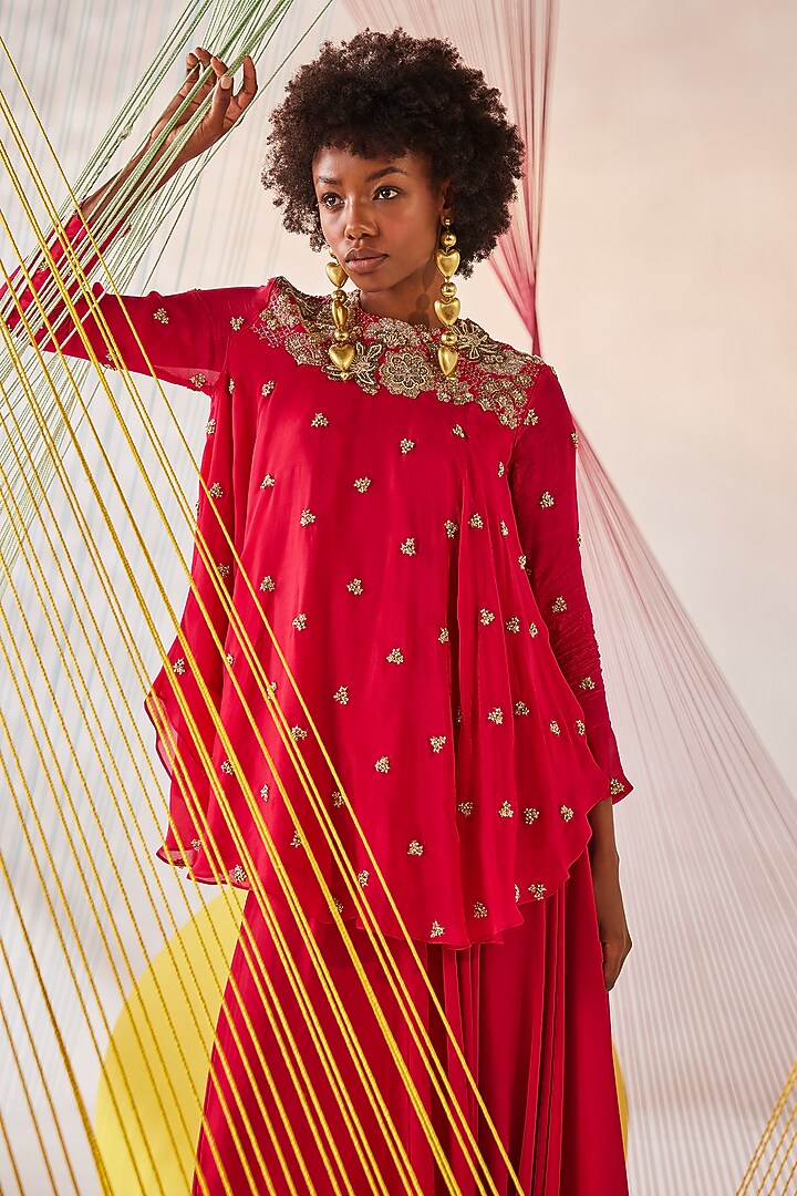 Raspberry Red Chinon Chiffon Zardosi Embroidered Tunic Set by Anu Pellakuru at Pernia's Pop Up Shop