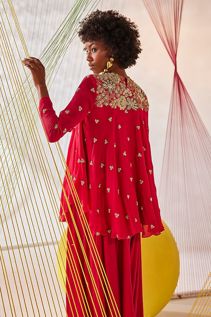Raspberry Red Chinon Chiffon Zardosi Embroidered Tunic Set by Anu Pellakuru at Pernia's Pop Up Shop