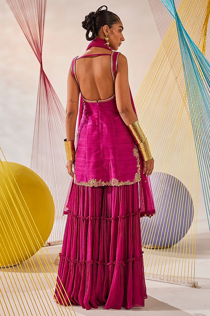 Magenta Pink Chinon Chiffon Tiered Bridal Sharara Set by Anu Pellakuru at Pernia's Pop Up Shop