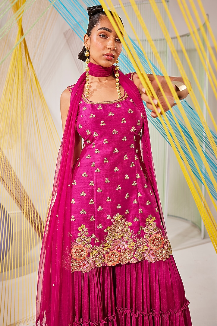 Magenta Pink Chinon Chiffon Tiered Bridal Sharara Set by Anu Pellakuru at Pernia's Pop Up Shop