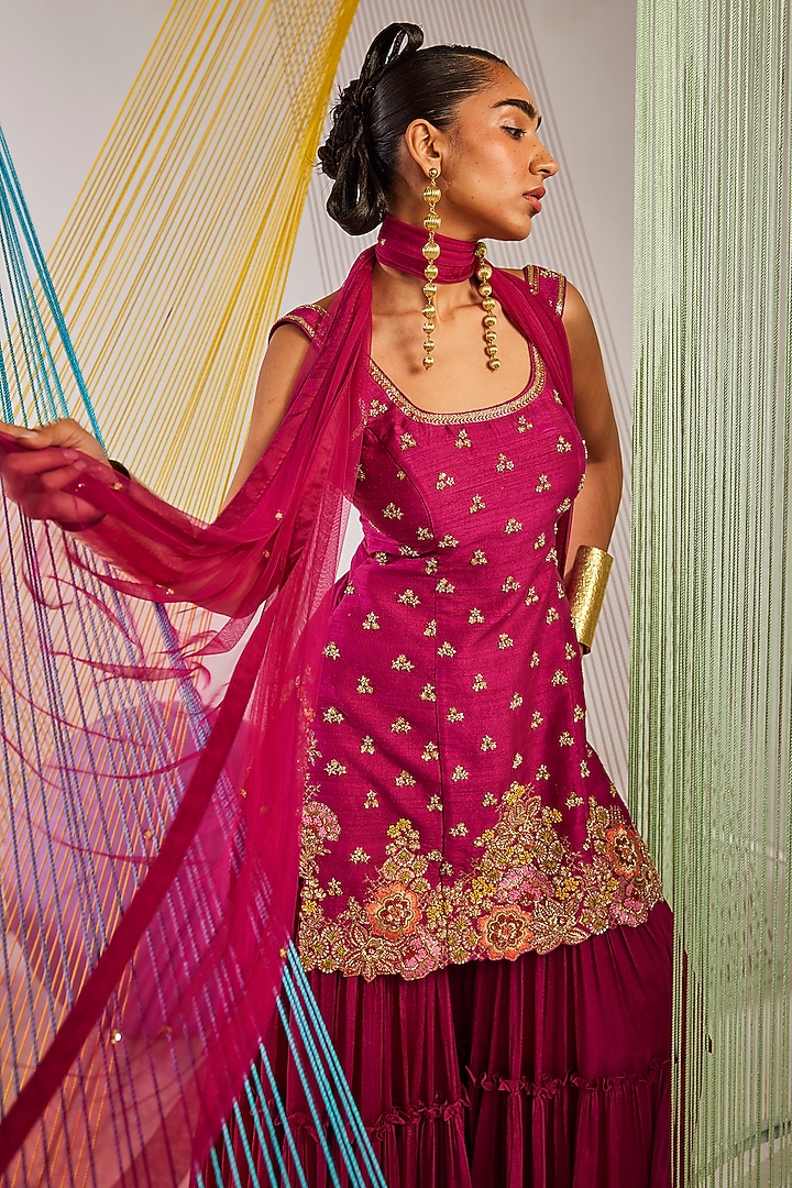 Magenta Pink Chinon Chiffon Tiered Bridal Sharara Set by Anu Pellakuru at Pernia's Pop Up Shop