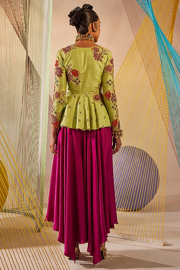 Lime Green Raw Silk Zardosi Embroidered Peplum Jacket Set by Anu Pellakuru at Pernia's Pop Up Shop