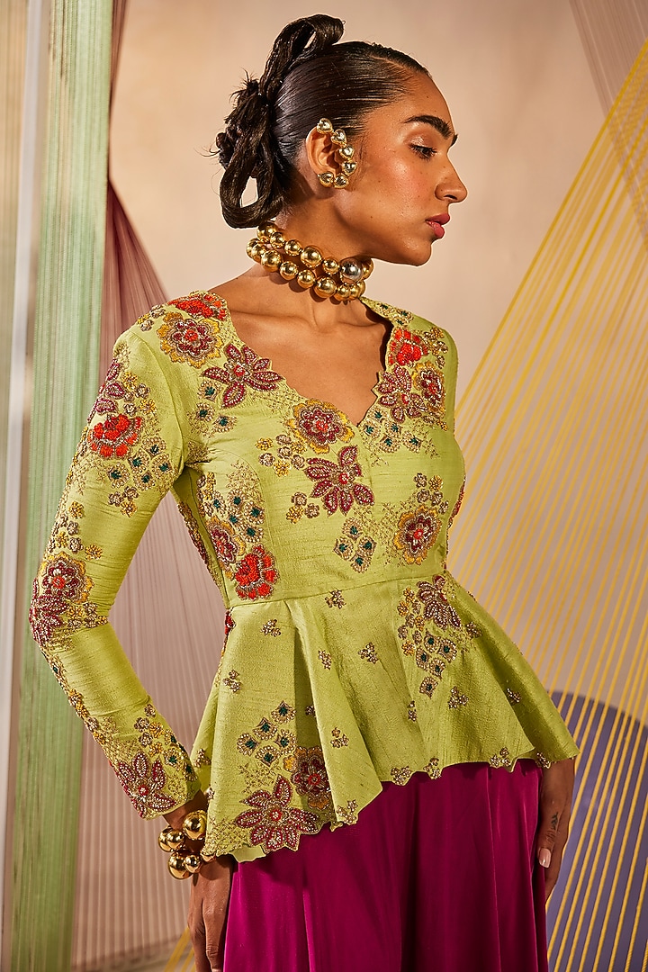 Lime Green Raw Silk Zardosi Embroidered Peplum Jacket Set by Anu Pellakuru at Pernia's Pop Up Shop