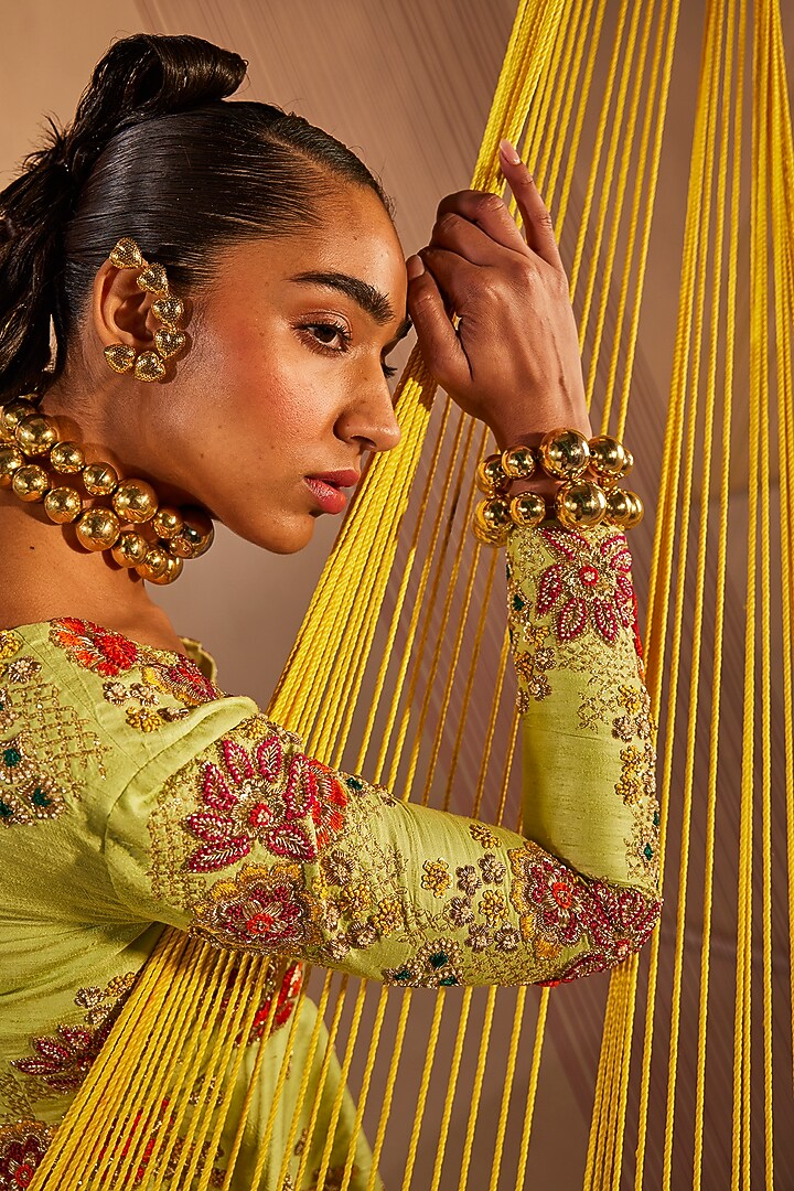 Lime Green Raw Silk Zardosi Embroidered Peplum Jacket Set by Anu Pellakuru at Pernia's Pop Up Shop