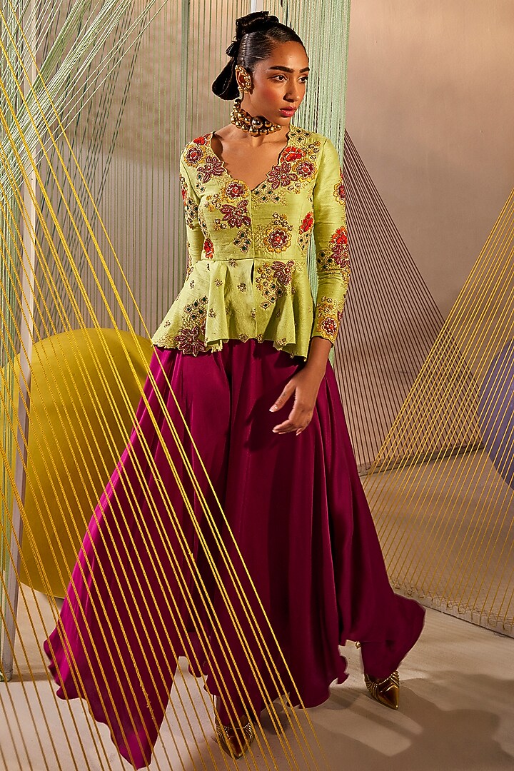 Lime Green Raw Silk Zardosi Embroidered Peplum Jacket Set by Anu Pellakuru at Pernia's Pop Up Shop