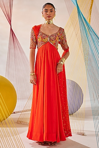 Orange Raw Silk Zardosi Embroidered Anarkali Set by Anu Pellakuru