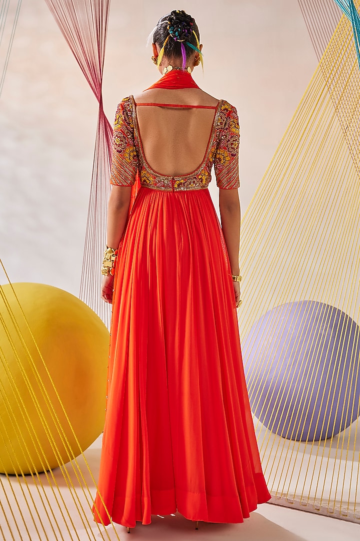 Orange Raw Silk Zardosi Embroidered Wedding Anarkali Set by Anu Pellakuru at Pernia's Pop Up Shop