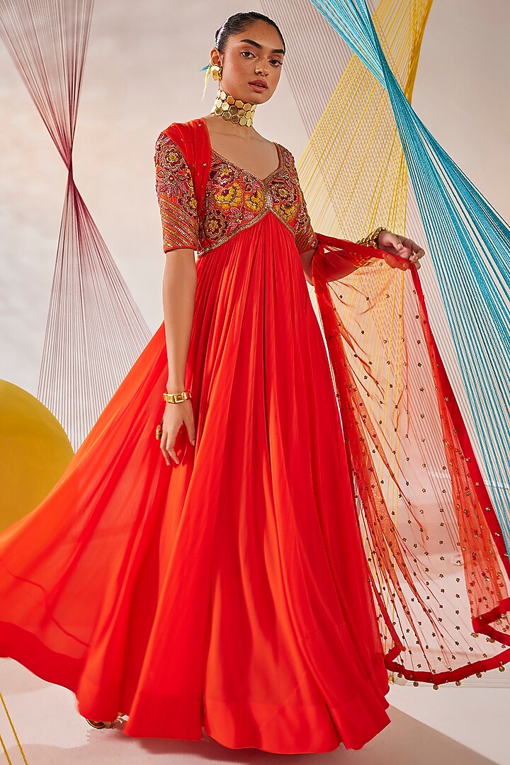 Orange Raw Silk Zardosi Embroidered Wedding Anarkali Set by Anu Pellakuru at Pernia's Pop Up Shop