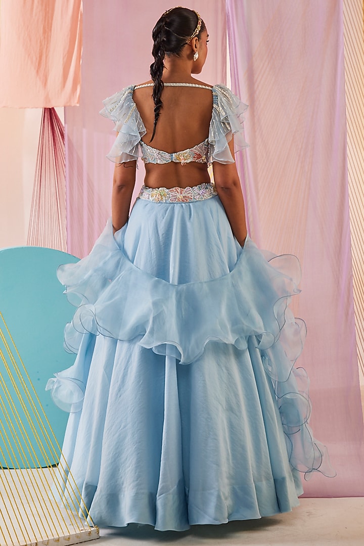 Powder Blue Satin Organza Embroidered Wedding Lehenga Set by Anu Pellakuru at Pernia's Pop Up Shop