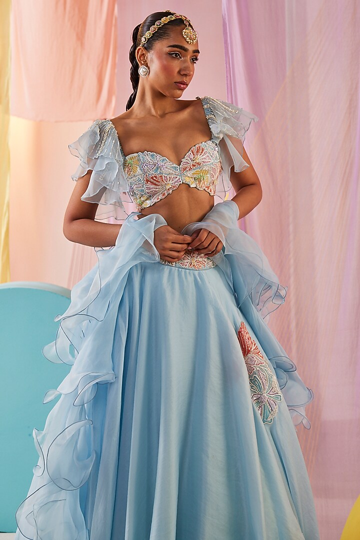 Powder Blue Satin Organza Embroidered Wedding Lehenga Set by Anu Pellakuru at Pernia's Pop Up Shop