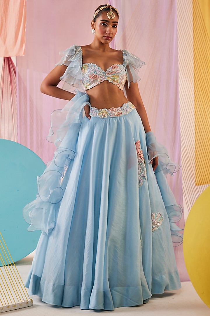 Powder Blue Satin Organza Embroidered Wedding Lehenga Set by Anu Pellakuru at Pernia's Pop Up Shop