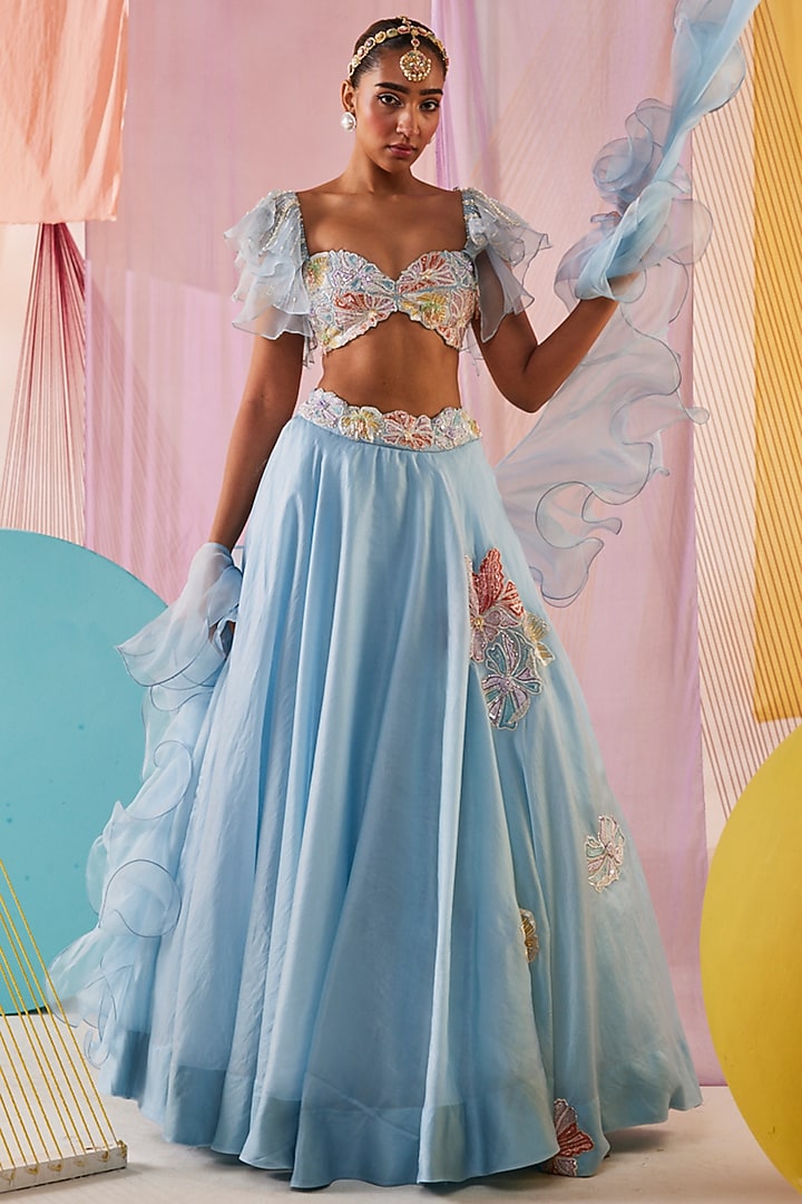 Powder Blue Satin Organza Embroidered Wedding Lehenga Set by Anu Pellakuru at Pernia's Pop Up Shop