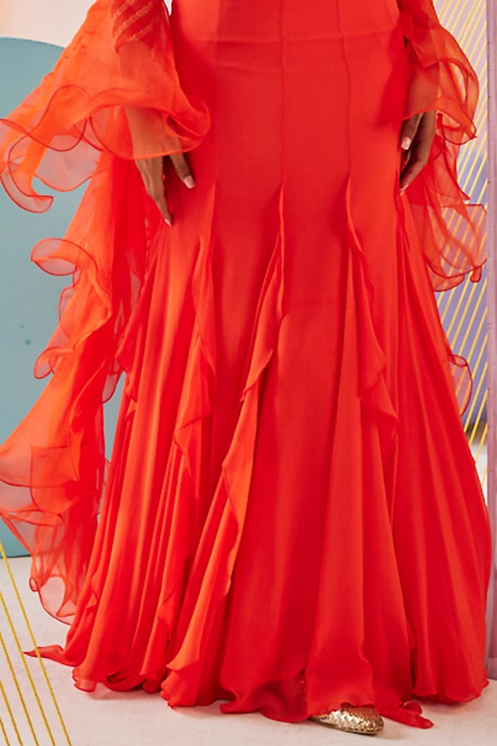 Orange Pure Georgette Hand Embroidered Mermaid Wedding Lehenga Set by Anu Pellakuru at Pernia's Pop Up Shop