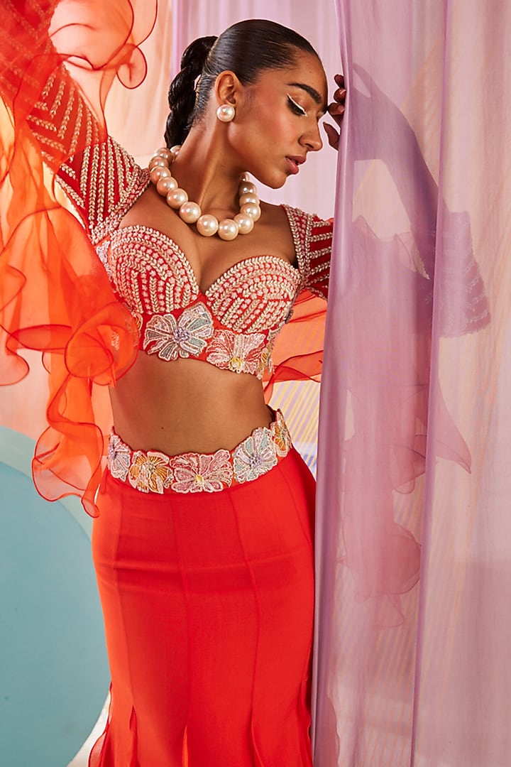 Orange Pure Georgette Hand Embroidered Mermaid Wedding Lehenga Set by Anu Pellakuru at Pernia's Pop Up Shop