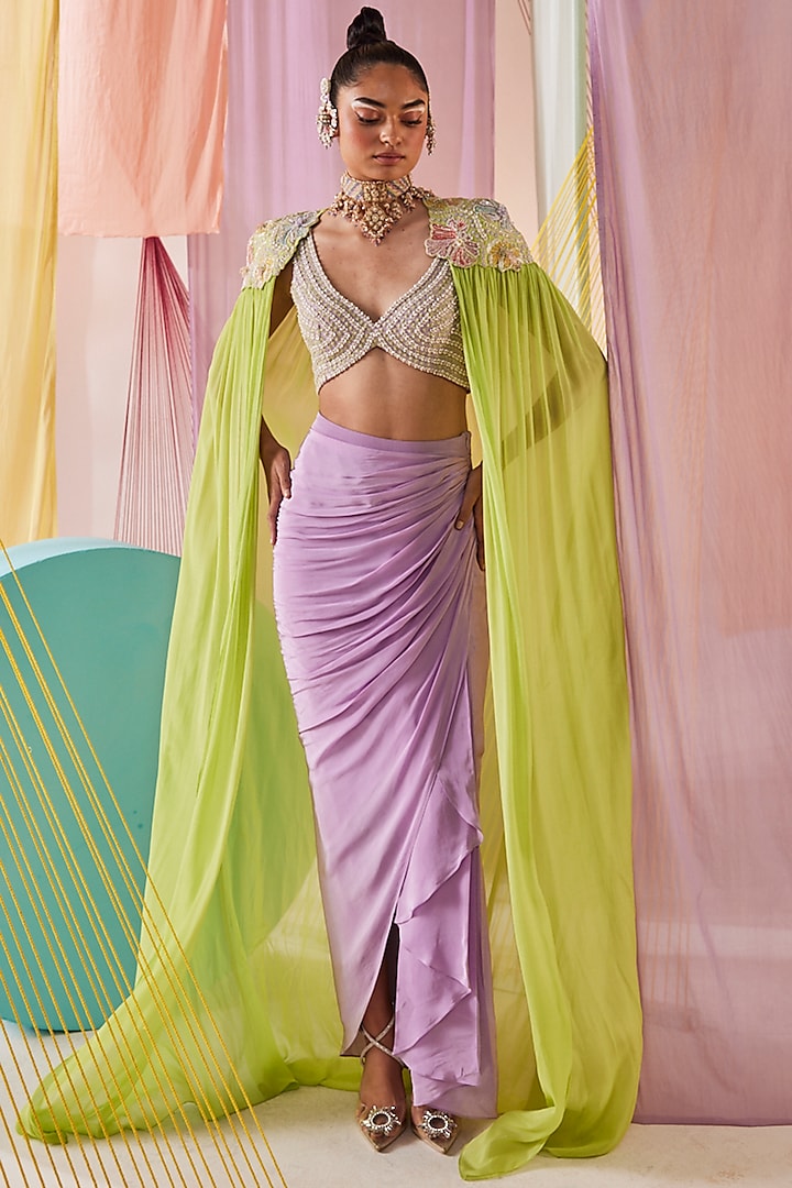 Lavender Natural Crepe Draped Skirt Set by Anu Pellakuru