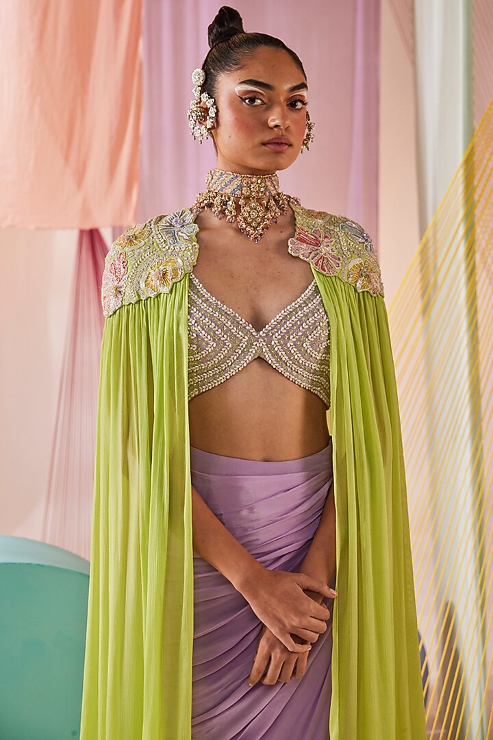 Lavender Natural Crepe Draped Skirt Set by Anu Pellakuru at Pernia's Pop Up Shop