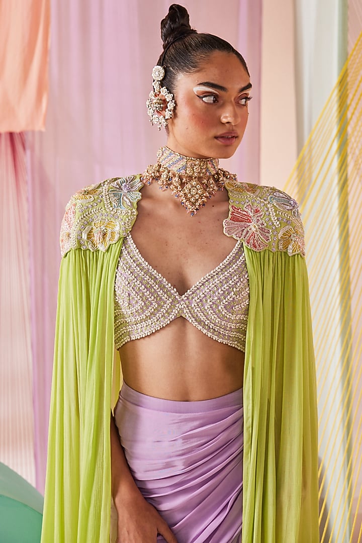 Lavender Natural Crepe Draped Skirt Set by Anu Pellakuru at Pernia's Pop Up Shop