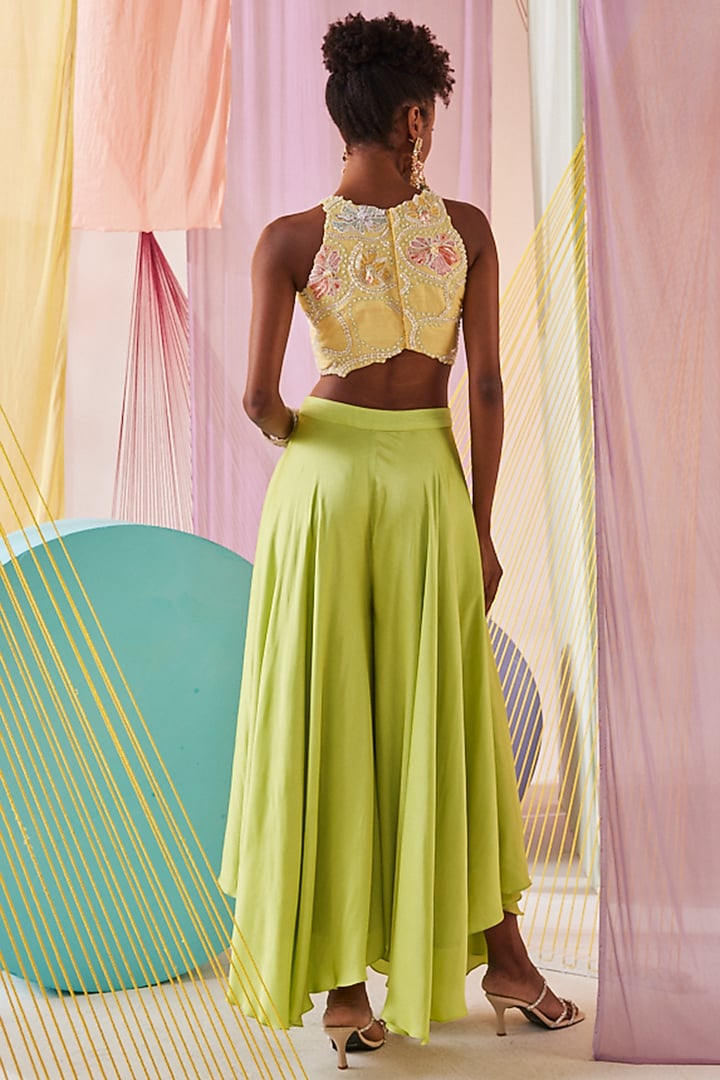 Lime Green Satin Draped Pant Set by Anu Pellakuru at Pernia's Pop Up Shop