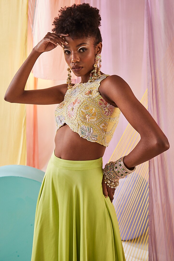 Lime Green Satin Draped Pant Set by Anu Pellakuru at Pernia's Pop Up Shop