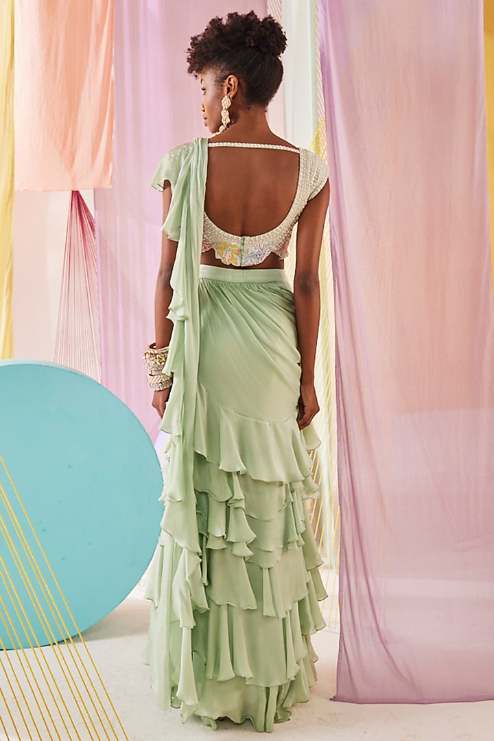 Mint Green Satin Chiffon Ruffled Pre-Draped Wedding Saree Set by Anu Pellakuru at Pernia's Pop Up Shop