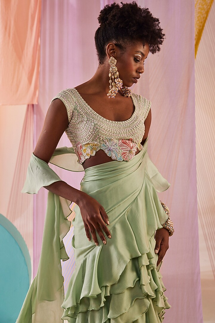 Mint Green Satin Chiffon Ruffled Pre-Draped Wedding Saree Set by Anu Pellakuru at Pernia's Pop Up Shop