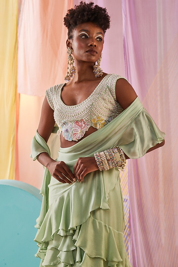Mint Green Satin Chiffon Ruffled Pre-Draped Wedding Saree Set by Anu Pellakuru at Pernia's Pop Up Shop