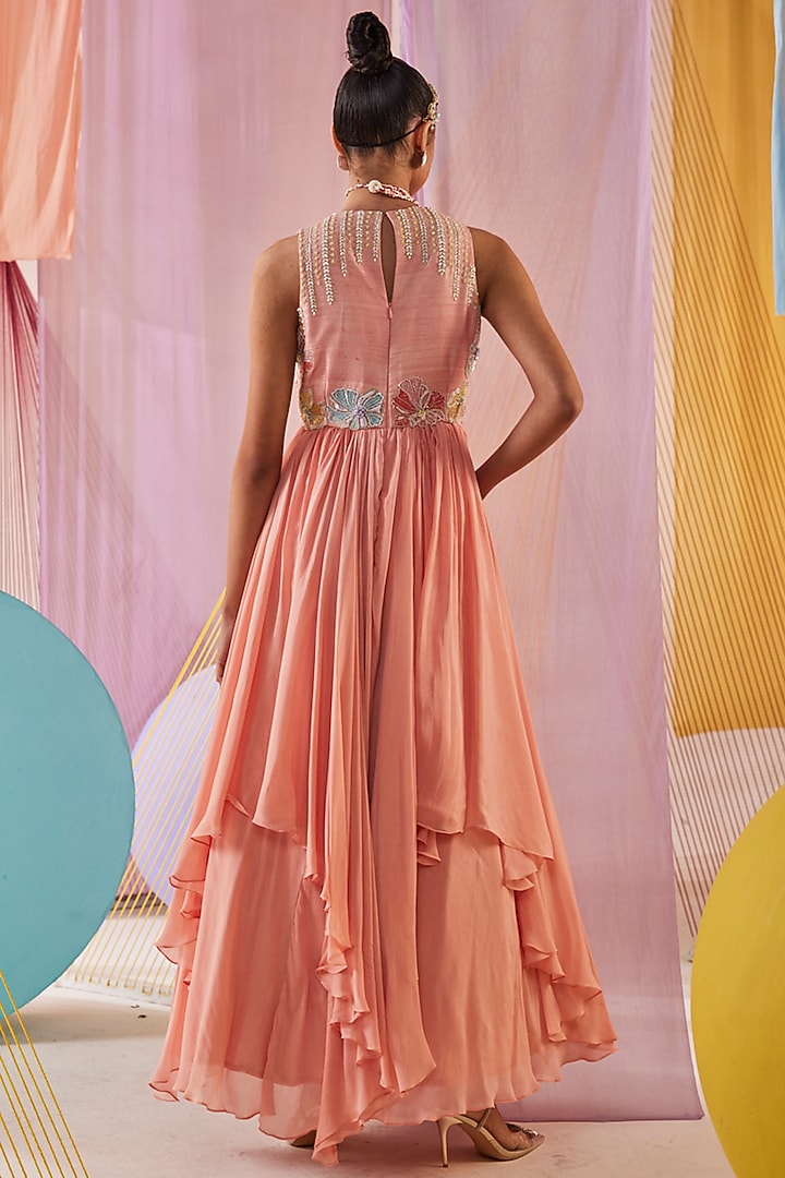 Peach Chinon Chiffon & Raw Silk Hand Embroidered Engagement Gown by Anu Pellakuru at Pernia's Pop Up Shop