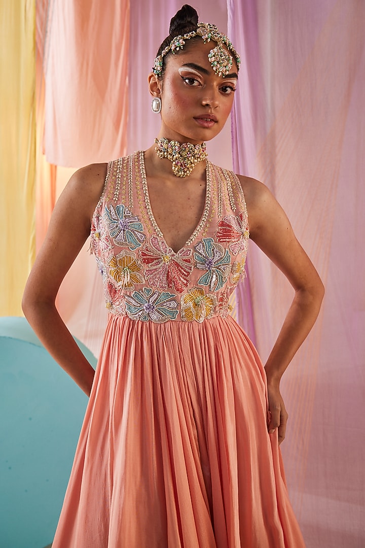 Peach Chinon Chiffon & Raw Silk Hand Embroidered Engagement Gown by Anu Pellakuru at Pernia's Pop Up Shop