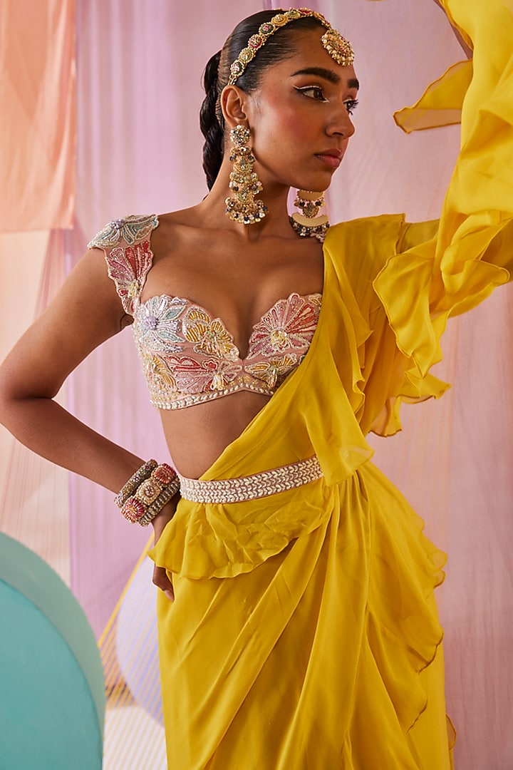 Yellow Georgette Ruffled Wedding Lehenga Saree Set by Anu Pellakuru at Pernia's Pop Up Shop