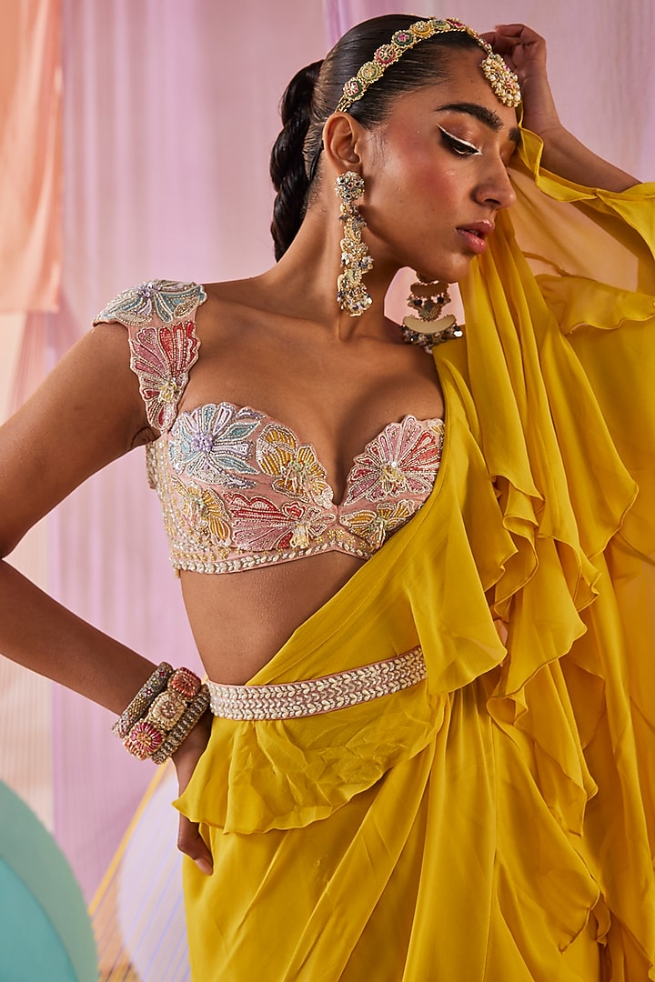 Yellow Georgette Ruffled Wedding Lehenga Saree Set by Anu Pellakuru at Pernia's Pop Up Shop