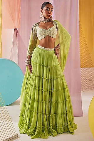 Lime Green Chinon Chiffon Resham Embroidered Tiered Lehenga Set by Anu Pellakuru